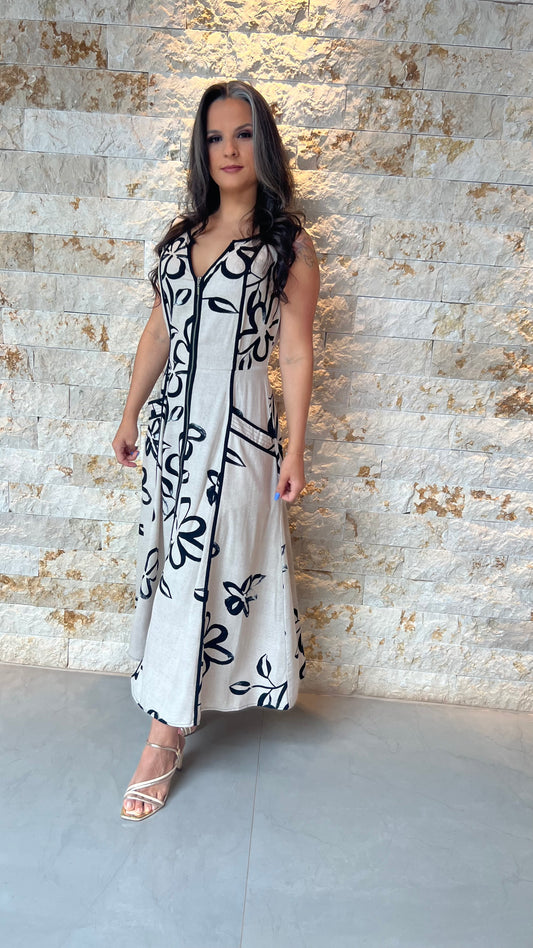 Vestido Midi Linho Estampado PIS- Branco 5874