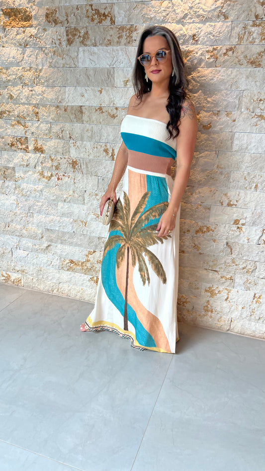 Conjunto Saia Longa Cos Trico Cropped- Estampado 5869