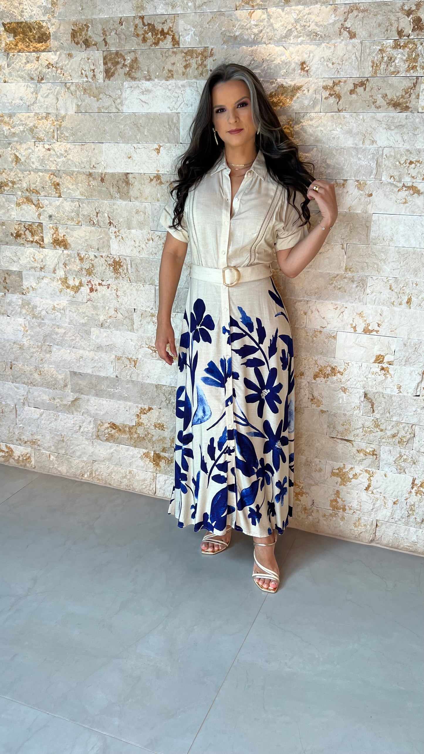 Vestido Chemisse Botões Barra Azul PIS - Estampado 5573