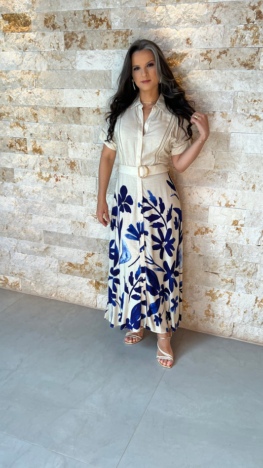 Vestido Chemisse Botões Barra Azul PIS - Estampado 5573