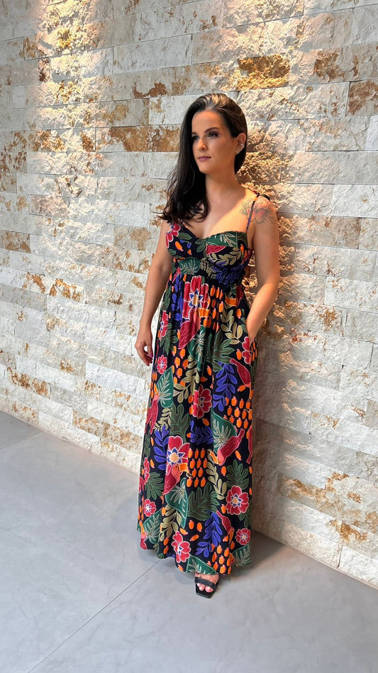 Vestido Longo Lastex Amarração Alça RIO - Estampado 5351