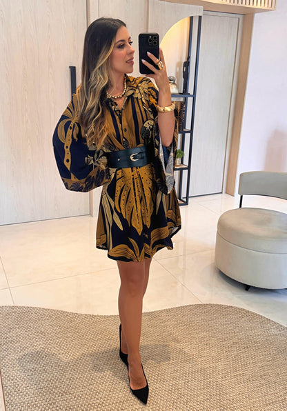 Vestido Curto Folhagem Mostarda ARTE- Estampado