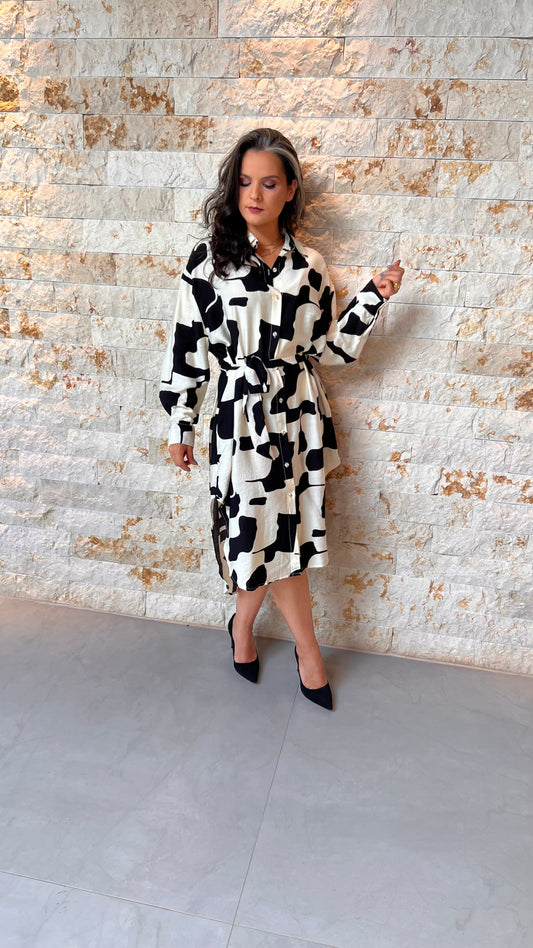 Vestido Chemisse Alongada Abstrato EAG- Preto 5684