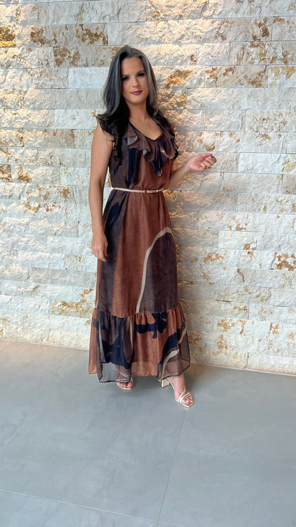 Vestido Midi Tule PIS- Estampado Marrom 5865