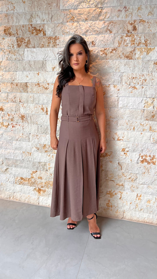 Conjunto Blusa e Saia Midi Vintage PIS- Marrom 5592