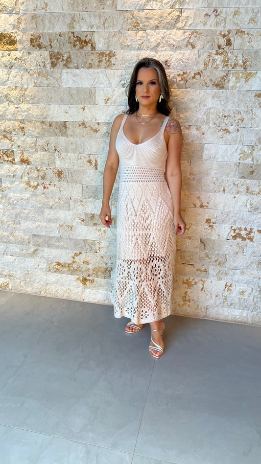 Vestido Midi Tricô Bordado POLI- Bege 5911