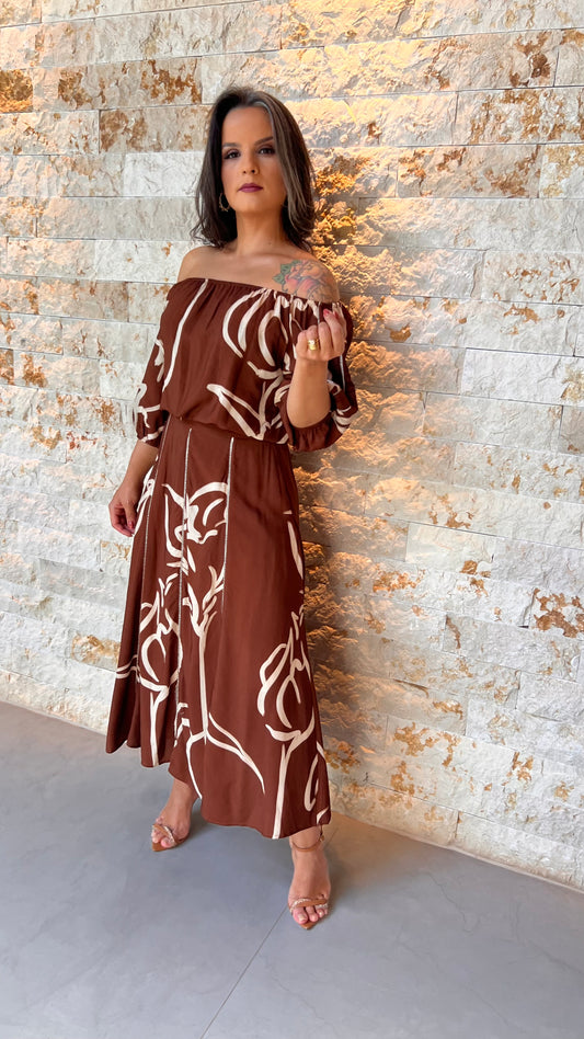 Conjunto Saia e BL Ombro a Ombro PIS- Marrom Estampado 5604