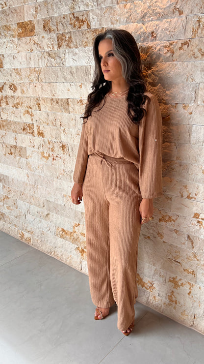 Conjunto Calça e Blusa Tec Plissado MAZ- Bege 5709