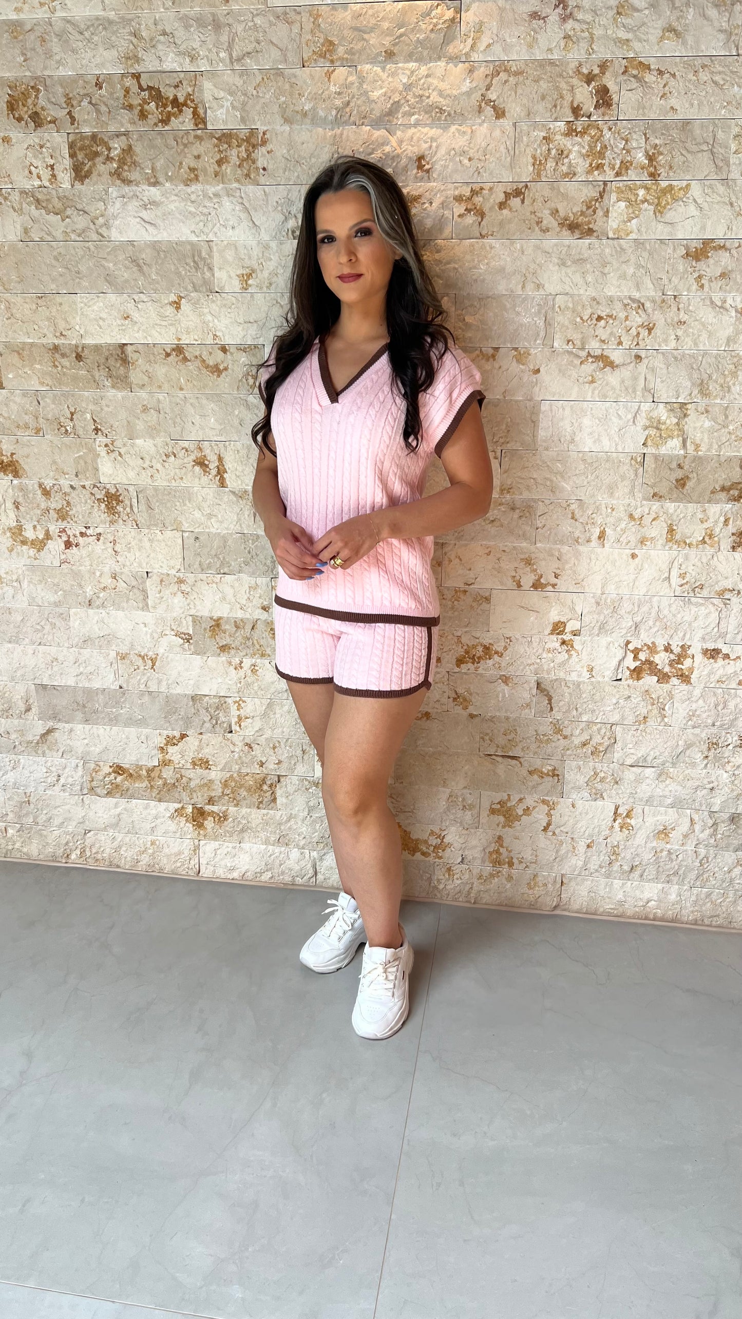 Conjunto Short e Blusa Tricô POLI- Rosa 5894