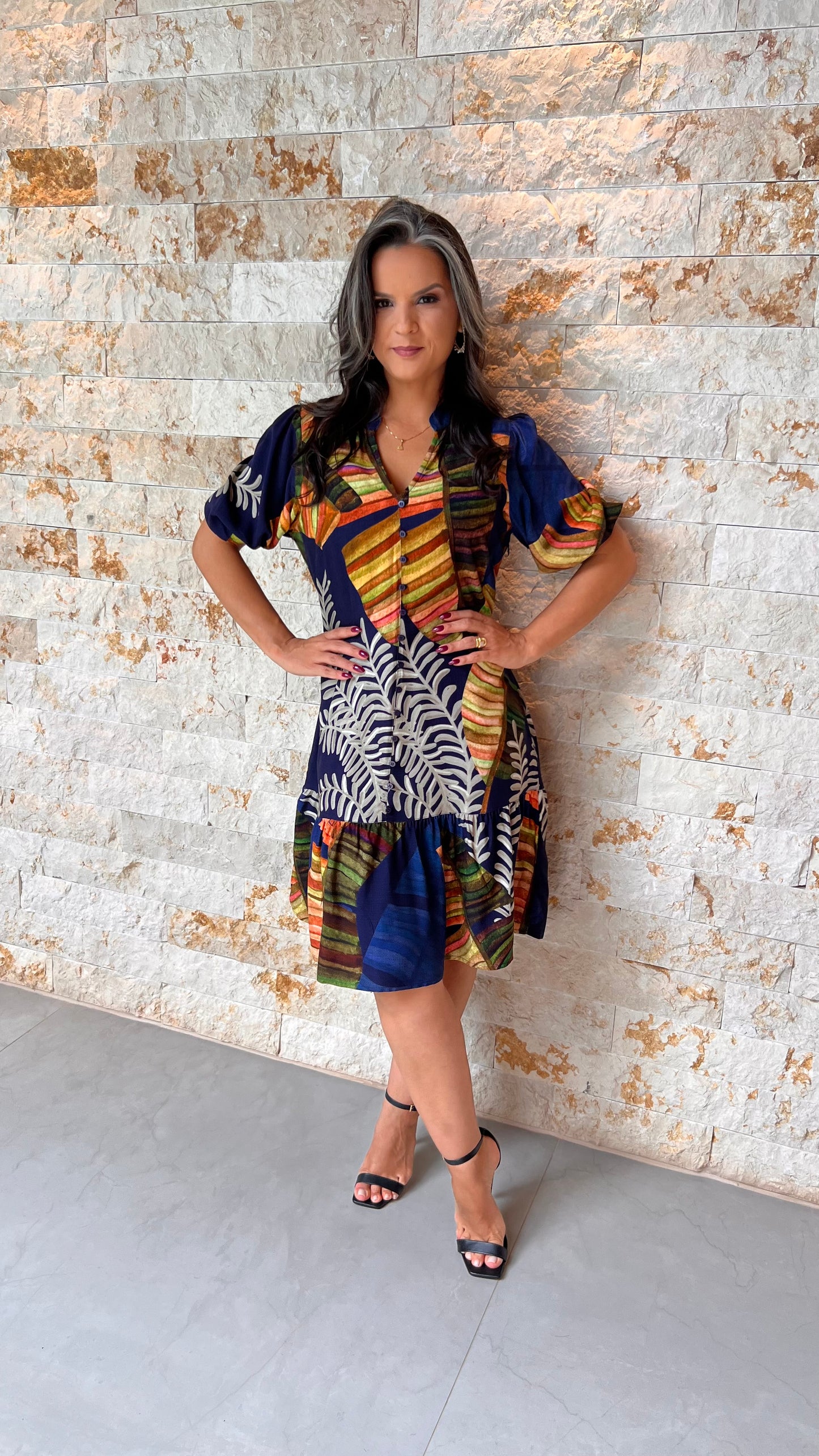 Vestido Curto Botões Corais PIS- Estampado 5593