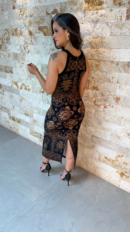 Vestido Midi Flores Marrom ARTE- Estampado Preto 5779