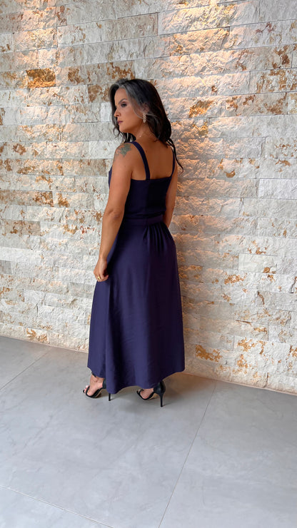 Conjunto Blusa e Saia Midi Vintage PIS- Azul Marinho 5592