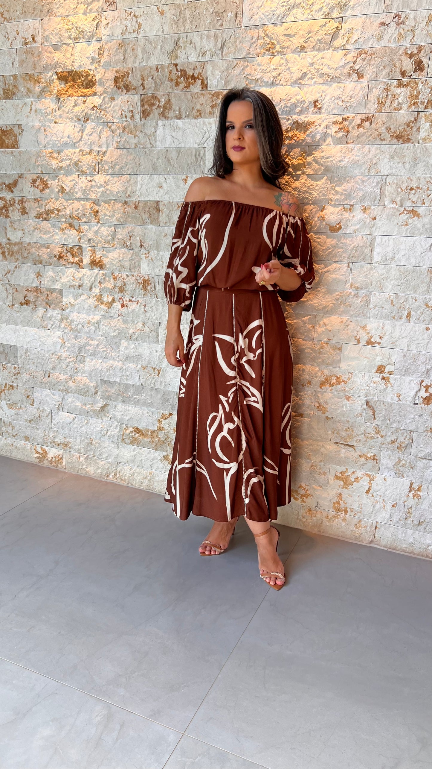 Conjunto Saia e BL Ombro a Ombro PIS- Marrom Estampado 5604