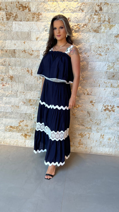 Conjunto Saia e Cropped Bor Det Guipir EAG- Azul Marinho 5907