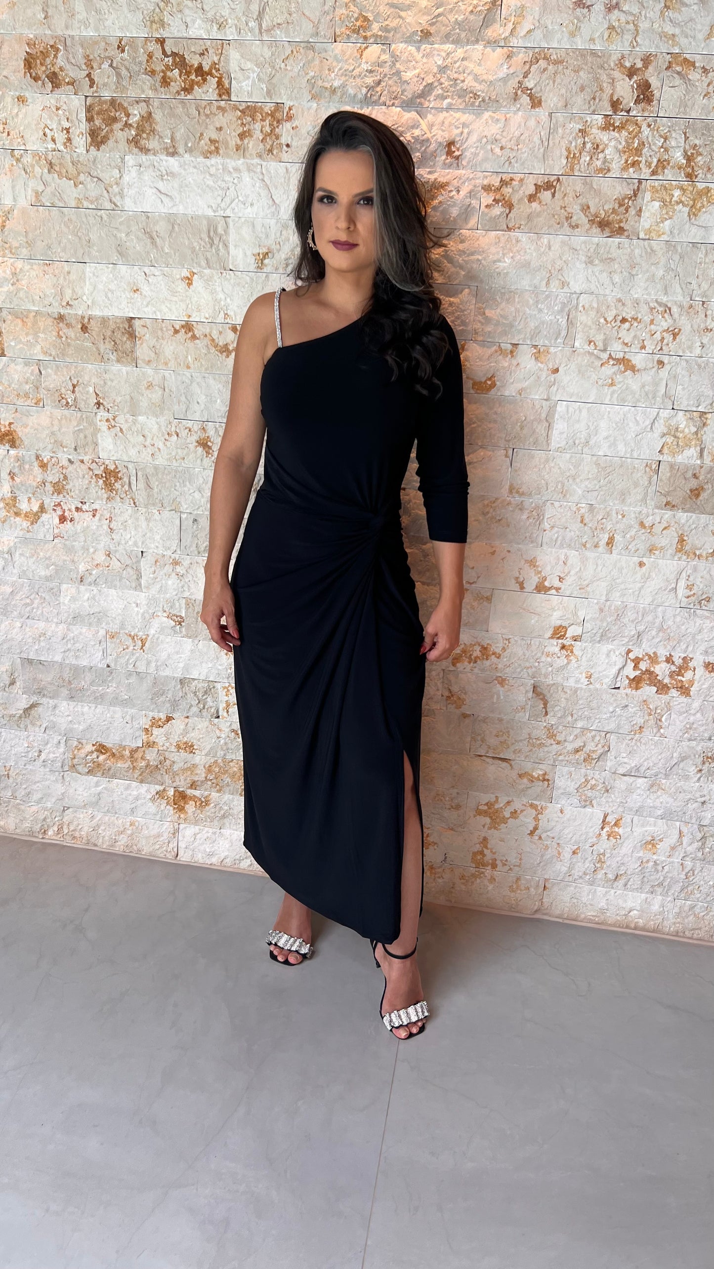 Vestido Midi Alça Strass Jersey- Estampado 5606