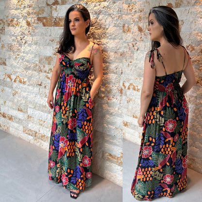 Vestido Longo Lastex Amarração Alça RIO - Estampado 5351
