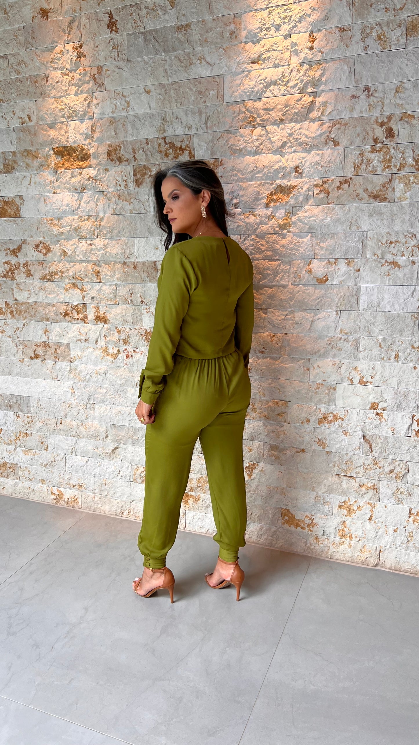 Carrot Pants and Long Sleeve Blouse Set - Mint Green