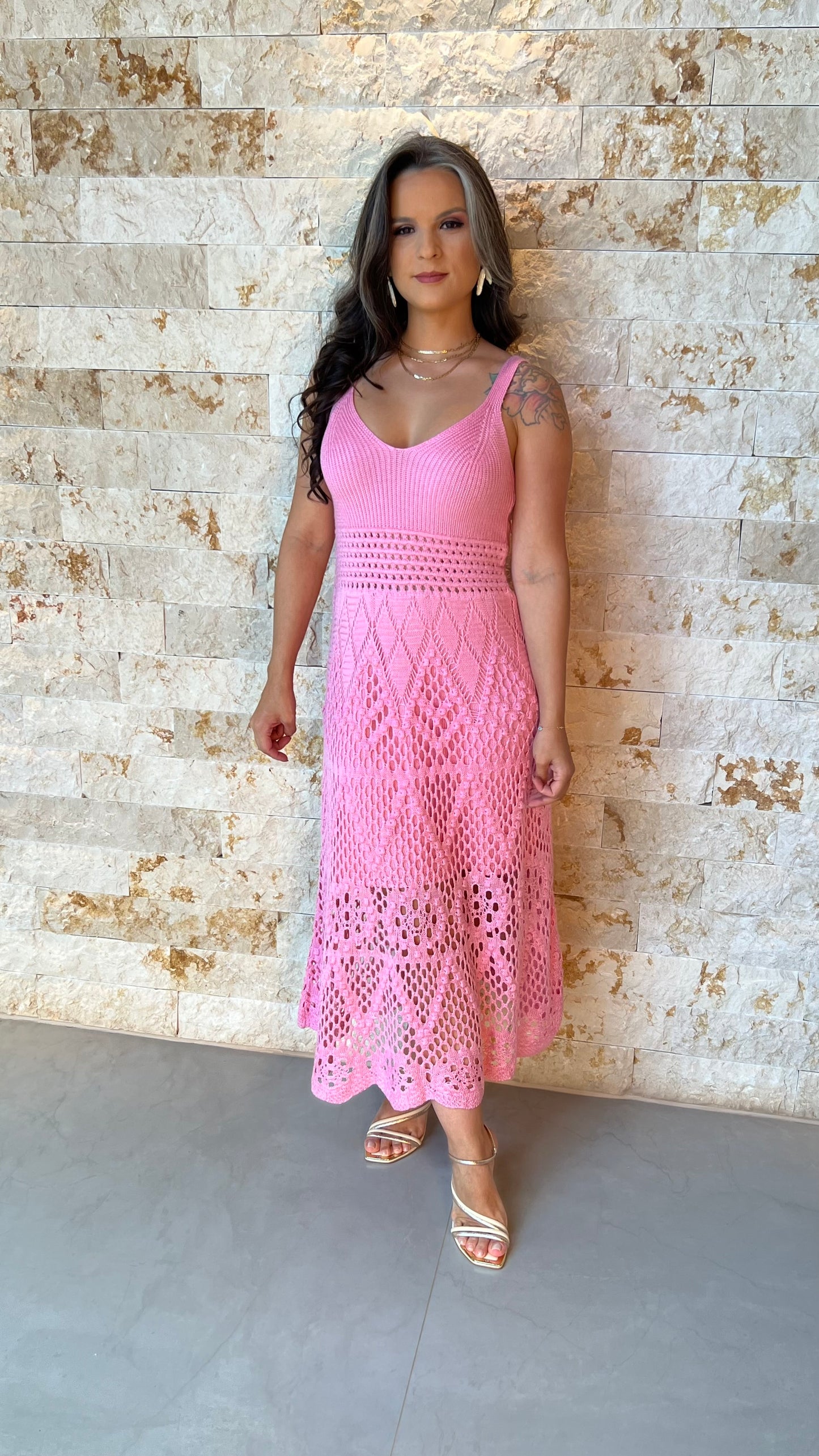 Vestido Midi Tricô Bordado POLI- Rosa 5911
