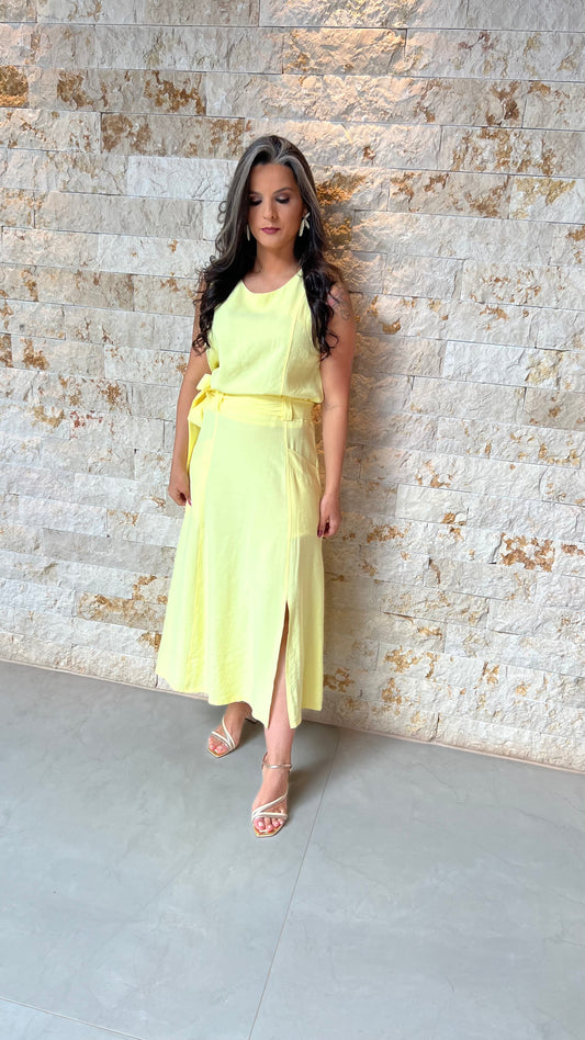 Conjunto Saia Midi Bolso FX Cropped ARA- Amarelo 5857