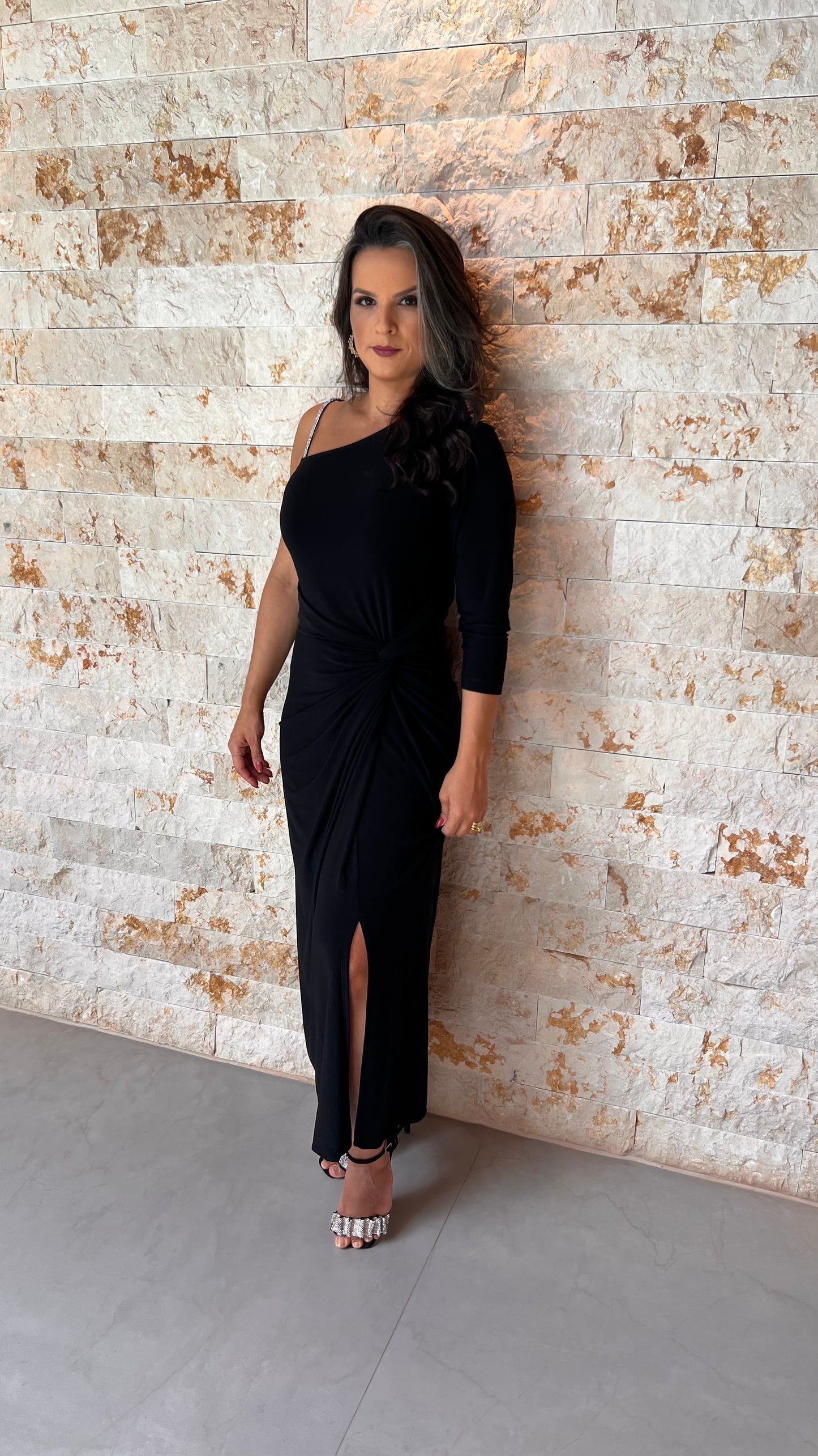 Vestido Midi Alça Strass Jersey- Estampado 5606