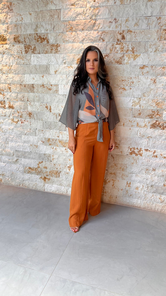 Blusa Botões Laranja YU- Estampado 5629