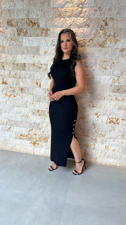 Vestido Midi Fenda Botões POLI- Preto 5895