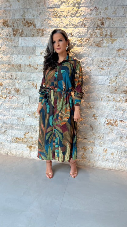 Vestido Chemisse Manga Longa Folhagem ARTE- Estampado 5753