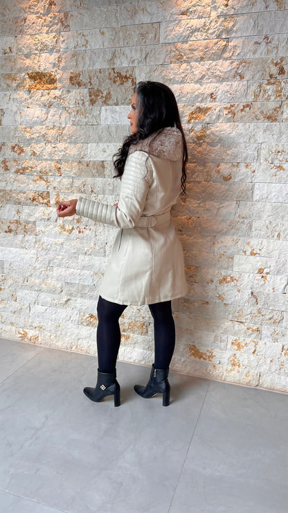 Casaco Longo Couro Ecológico Botões SAFIR- Off White 5736