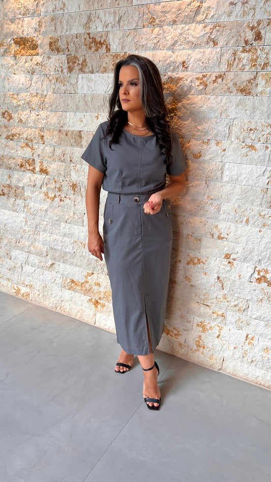 Conjunto Saia e Blusa Botão PIS- Cinza 5595