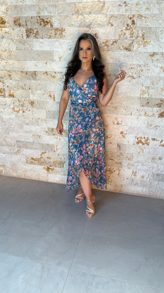 Vestido Midi Chiffon Seda PIS- Estampado Azul 5903