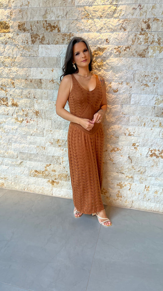 Vestido Midi Tricô Cintura Baixa POLI- Marrom 5912