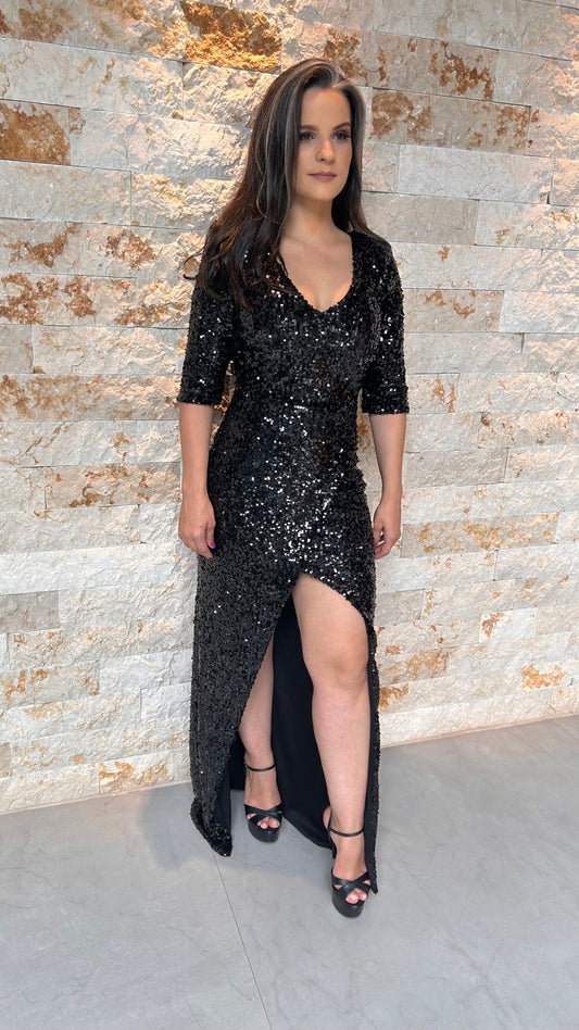 Long Slit Sequin Dress - Black