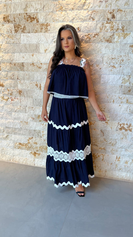 Conjunto Saia e Cropped Bor Det Guipir EAG- Azul Marinho 5907