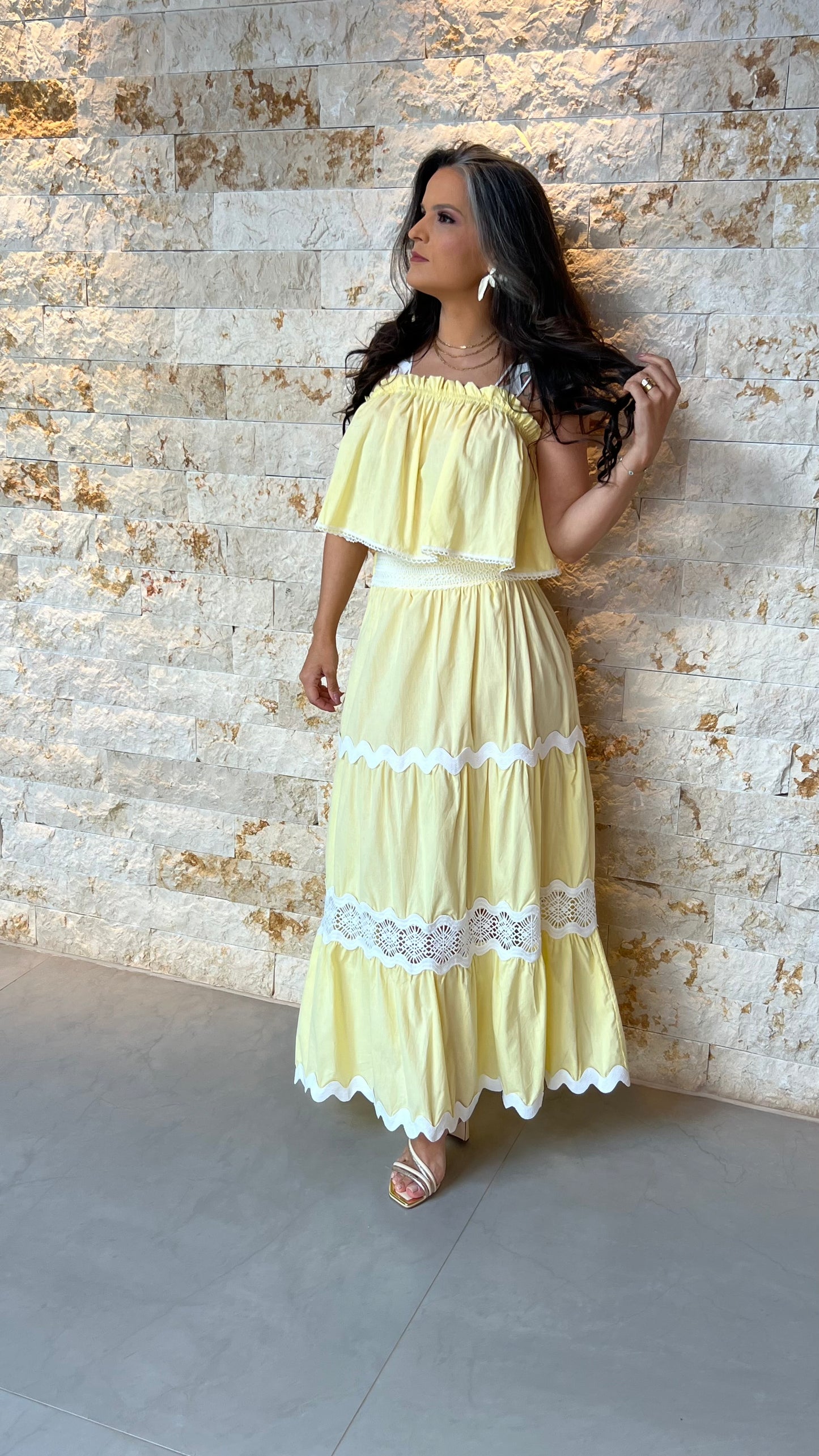 Conjunto Saia e Cropped Bor Det Guipir EAG- Amarelo 5907
