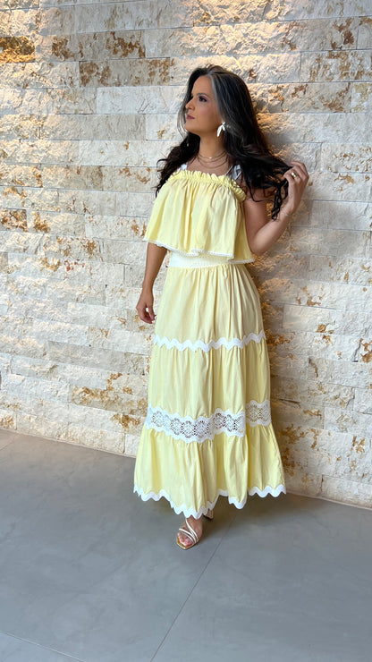 Conjunto Saia e Cropped Bor Det Guipir EAG- Amarelo 5907