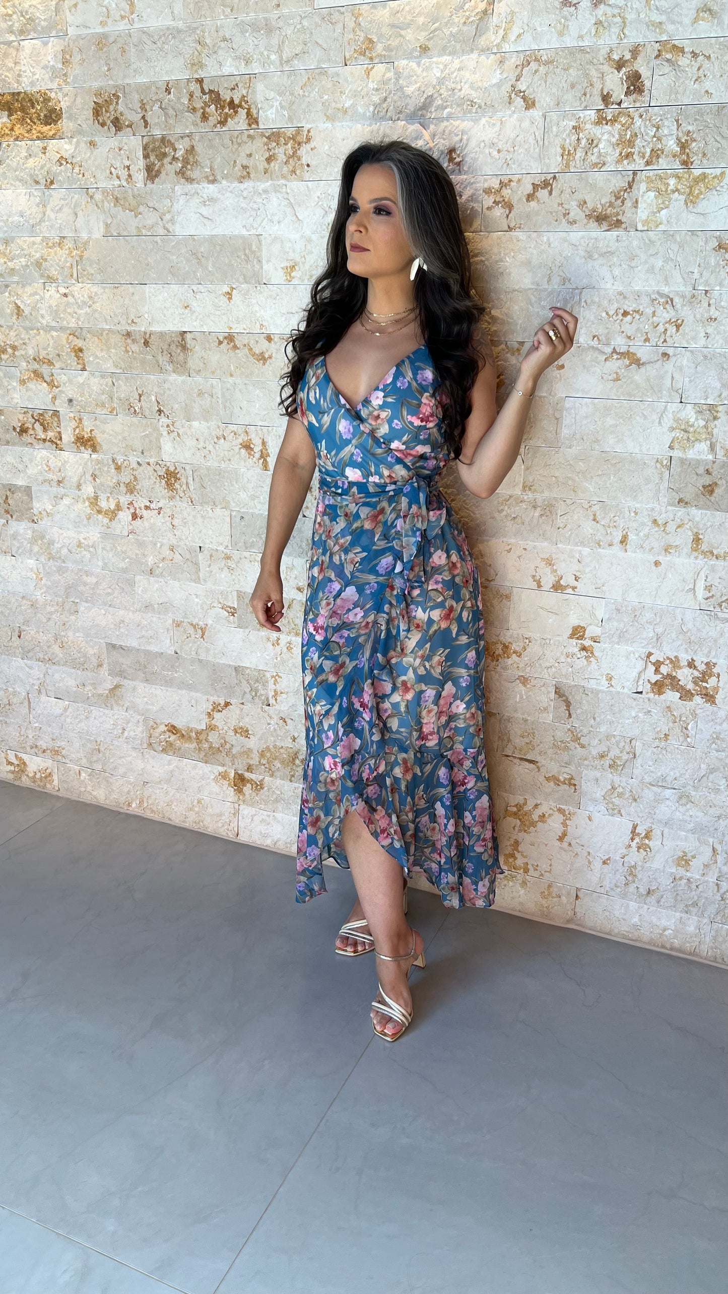 Vestido Midi Chiffon Seda PIS- Estampado Azul 5903