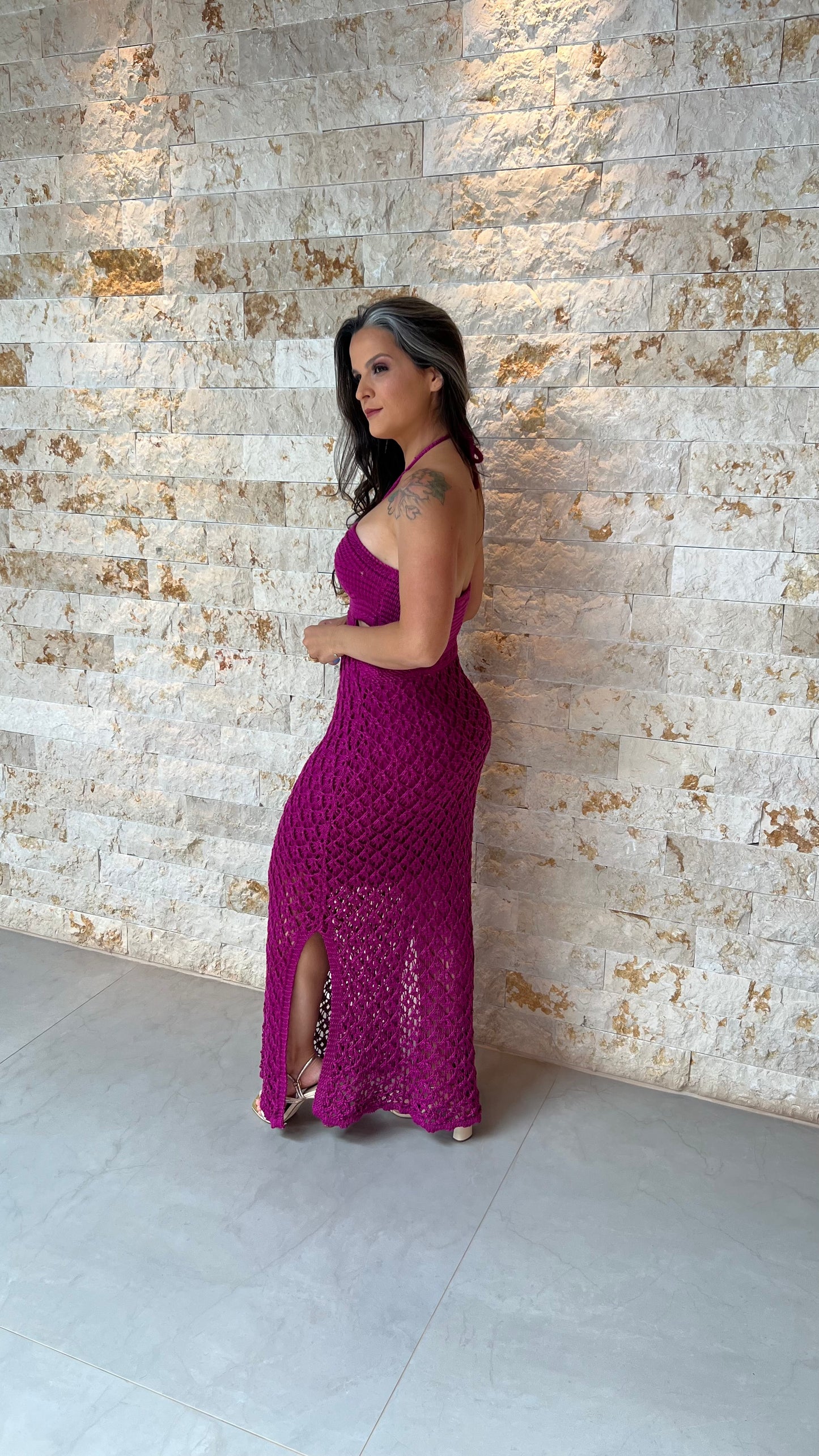 Vestido Midi Tricô Busto POLI- Fucsia 5898