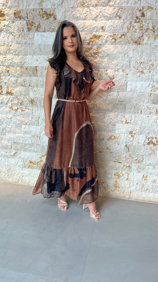 Vestido Midi Tule PIS- Estampado Marrom 5865