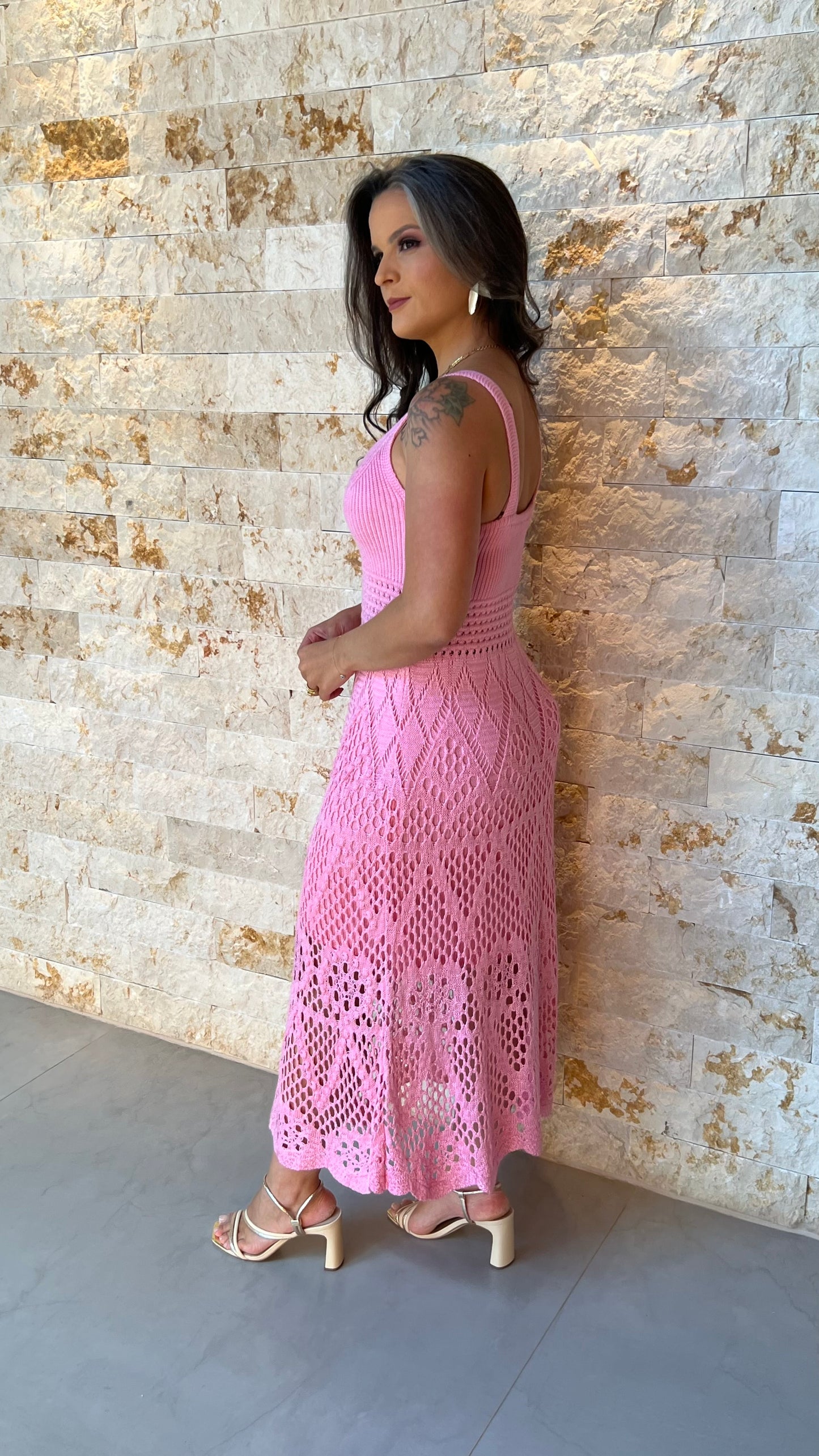 Vestido Midi Tricô Bordado POLI- Rosa 5911