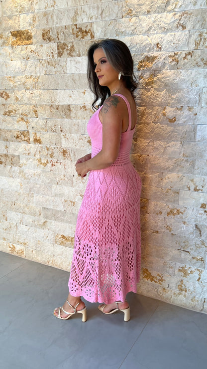 Vestido Midi Tricô Bordado POLI- Rosa 5911