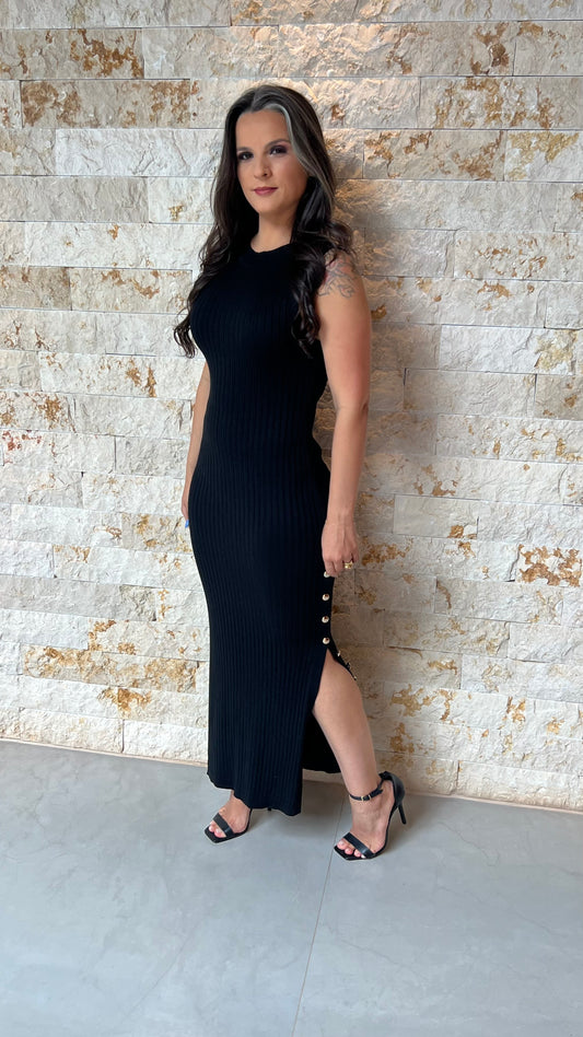 Vestido Midi Fenda Botões POLI- Preto 5895