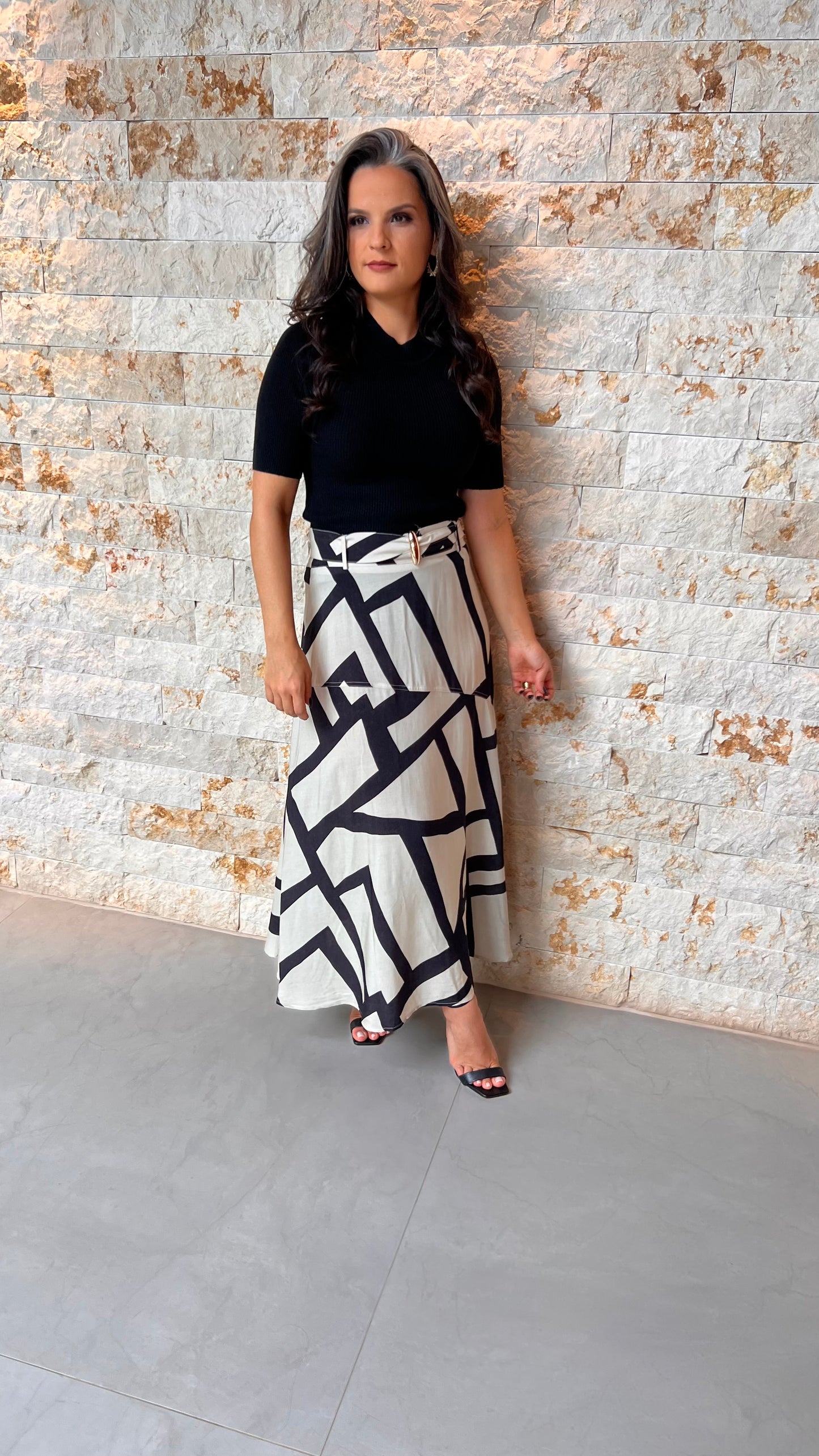 Saia Midi Cinto Det Dourado PIS-  Estampado 5741