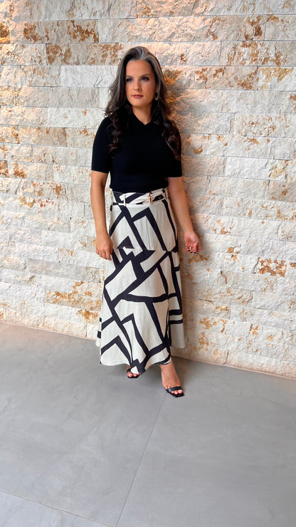 Saia Midi Cinto Det Dourado PIS-  Estampado 5741