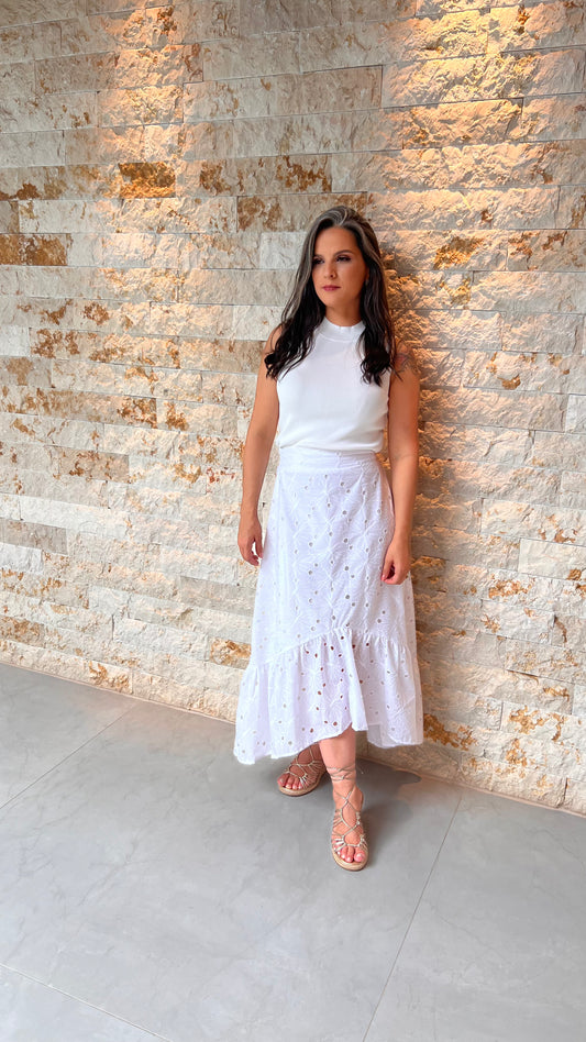 Saia Midi Lesie Babado EAG- Liso Branco 5478