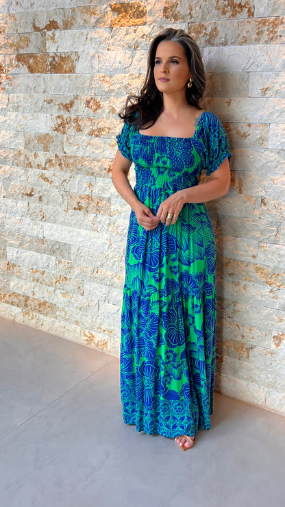 Vestido Longo Lastex Amarração ARTE- Estampado Azul 4987