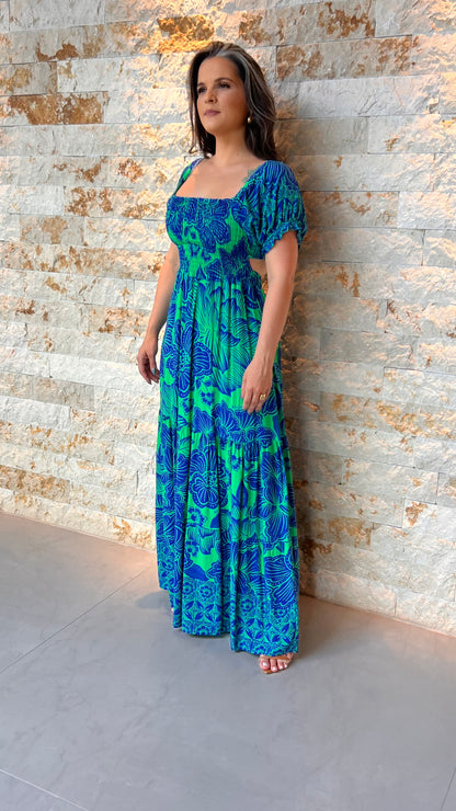 Vestido Longo Lastex Amarração ARTE- Estampado Azul 4987