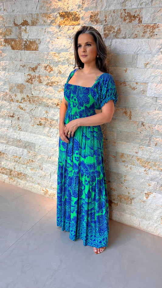 Vestido Longo Lastex Amarração ARTE- Estampado Azul 4987