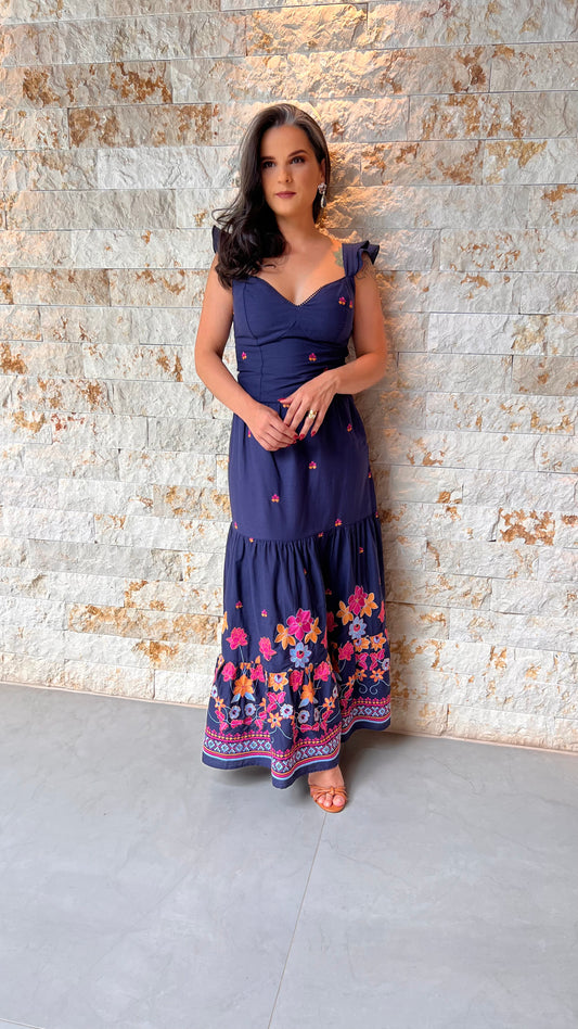 Conjunto Saia e Cropped Bordado PIS - Liso Azul Marinho Estampado 5420