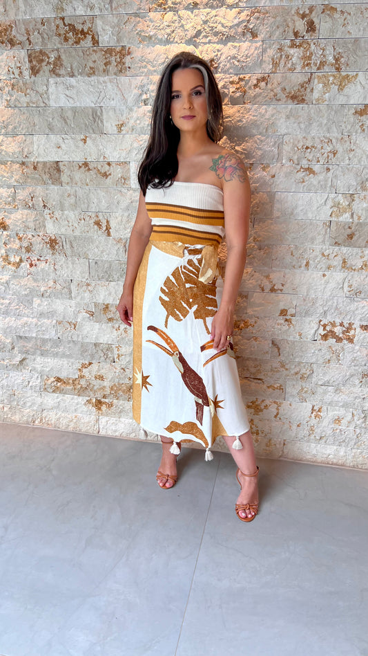Conjunto Saia e Cropped Trico ARTE - Estampado 5439