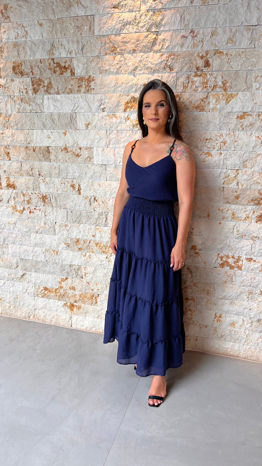 Conjunto Saia e Blusa Liso Elástico - Liso Azul Marinho 5444